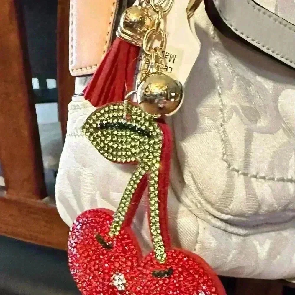 NWT Red Cherry Bag Charm or Keychain Ring Stainless Steel Flat Gem Cherries…